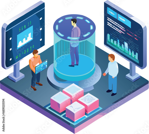 Futuristic isometric research lab scene with holographic display and scientific data