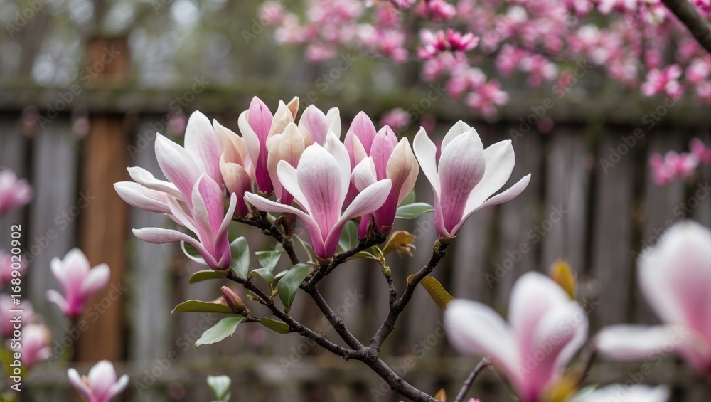 Fototapeta premium Magnolia flowers blooming on a tree branch with a wooden fence and cherry blossoms in the background.