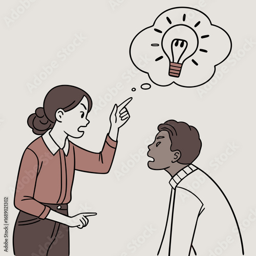Woman Pointing at Man with Lightbulb Idea Illustration