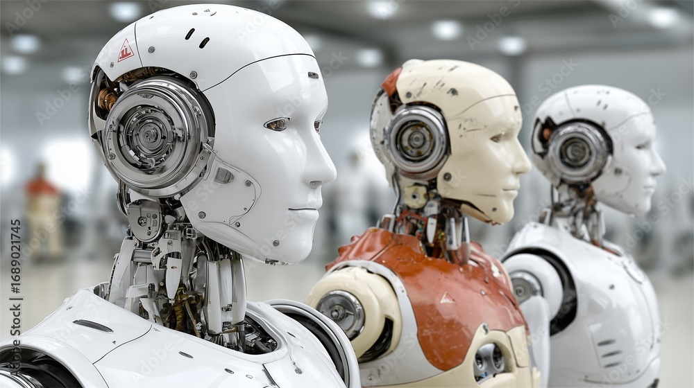 Fototapeta premium Futuristic Robots in a Modern Technology Space with Humanlike Features