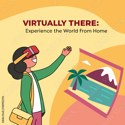 Woman Using VR Headset to Explore Virtual Beach Landscape