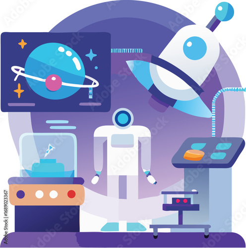 Futuristic space medicine lab with robot and holographic displays vector illustration