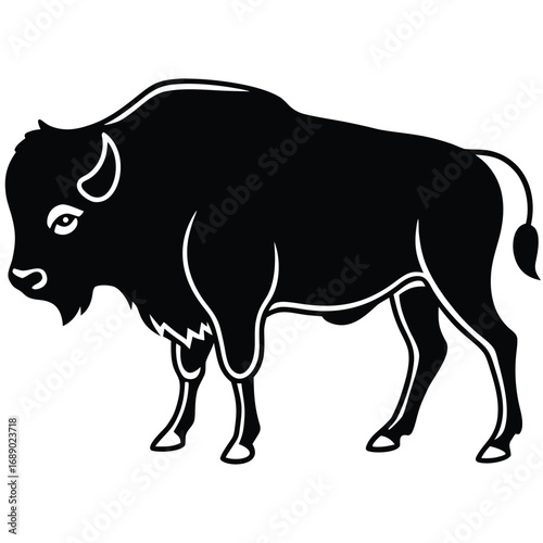 Black and white illustration of a bison.