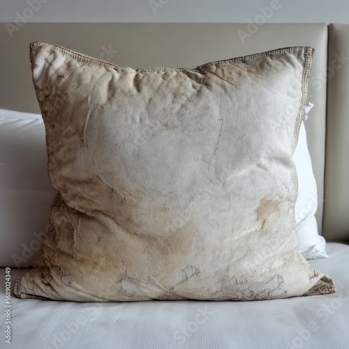 Luxurious textured decorative throw pillow with a subtle marbled pattern resting on a bed