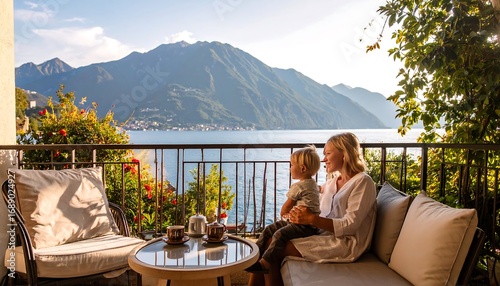Mother and child on a balcony overlooking a lake and mountains