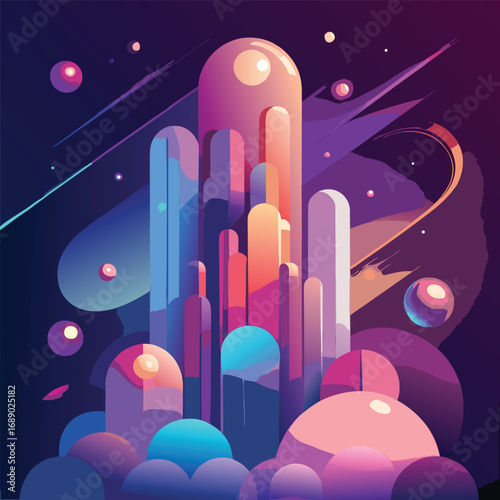 A vibrant abstract illustration of a futuristic cityscape with glowing towers, celestial orbs, and cosmic streaks of light.