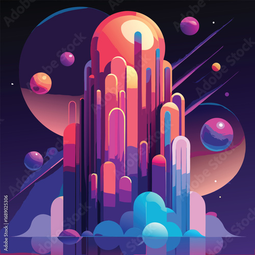 Vibrant abstract digital art depicting a surreal, colorful, alien-like structure with glowing orbs against a dark purple cosmic background.