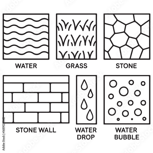 Set vector pattern for landscape architecture. Water, grass, stone, stone wall, water drop, water bubble 
vector