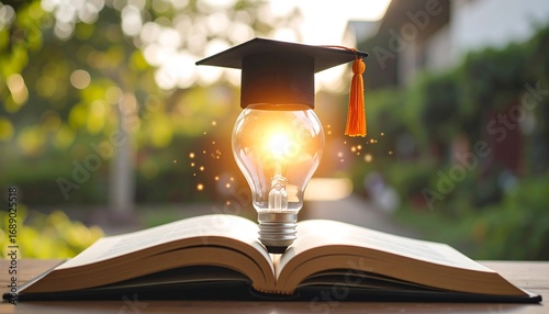 Graduation light bulb on open book