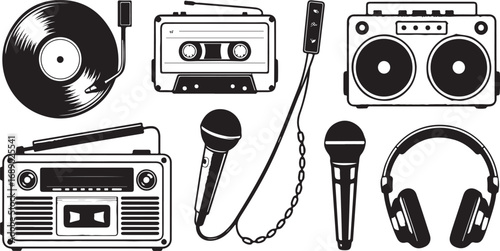 Vintage Halftone Music Icons – Retro Audio & Recording Elements Vector Set