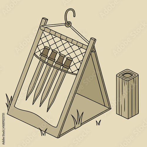 Wooden Stake Rack with Hanging Hook and Post