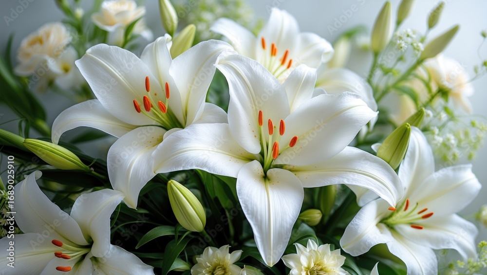 Fototapeta premium Beautiful white lilies with orange stamens, surrounded by green leaves and buds.