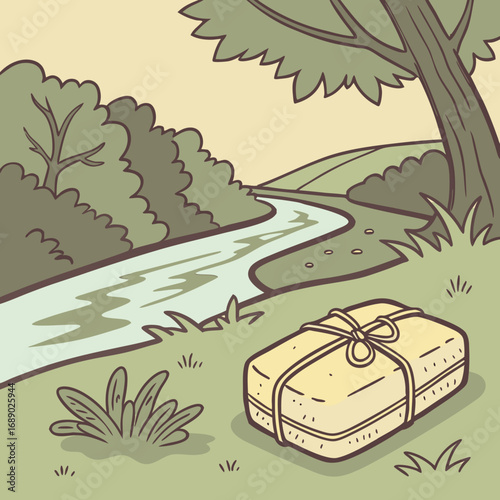 Wrapped Package by a River in a Peaceful Landscape