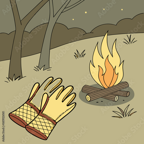 Yellow Gloves Warming by a Campfire at Night