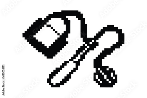 Pixel Art Slingshot Icon, Retro Black and White Game Asset on White Background