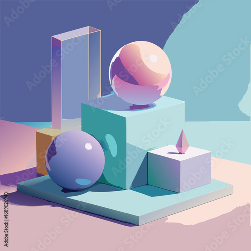 A minimalist still life composition featuring various geometric shapes like spheres, cubes, and a prism, rendered in soft pastel colors with subtle shadows.