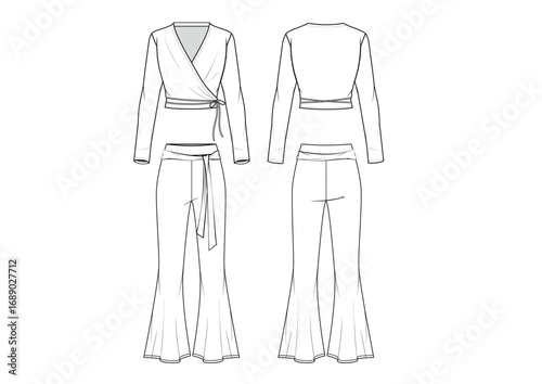 Women Fitness Yoga Wrap Cropped Top With Fit & Flare Pants With Belt Matching Set, Front & Back View CAD, fashion flat sketch, Editable Flat Technical Drawings Illustration, Top Leggings Mock up