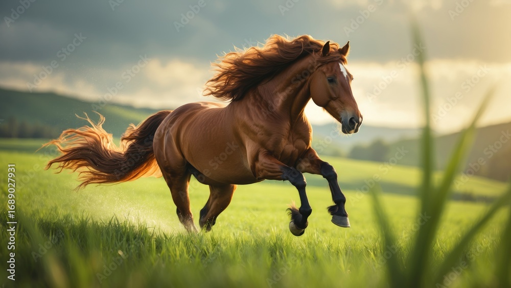 Obraz premium A brown horse running freely across a green field with a mountainous background and a cloudy sky.