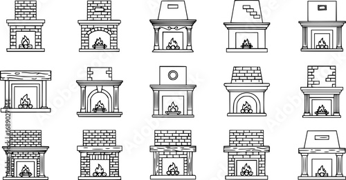 A set of outline vector icons for a fireplace with a mantel.

