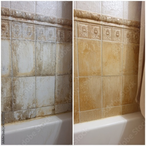 Side by side comparison of dirty bathroom tiles before and after deep cleaning and restoration