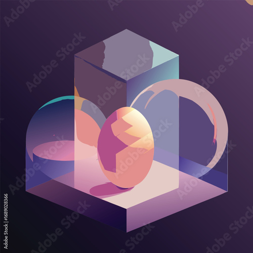 A modern isometric still life featuring a central egg surrounded by a transparent cube and glass-like spheres in a purple and pink color palette.