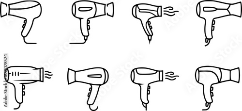 A set of outline vector icons for a hair dryer.

