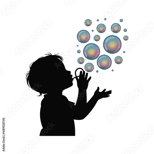 Child Blowing Bubbles Silhouette Illustration with Colorful Spheres in Simple Style