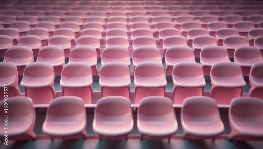 Fototapeta premium Rows of pink chairs arranged in an auditorium or theater setting.