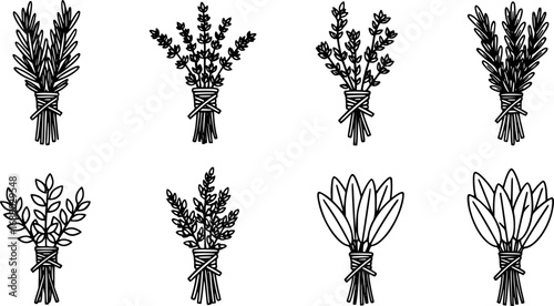 A set of outline vector icons for a bundle of tied herbs.

