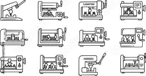 A set of outline vector icons for a key cutting machine.

