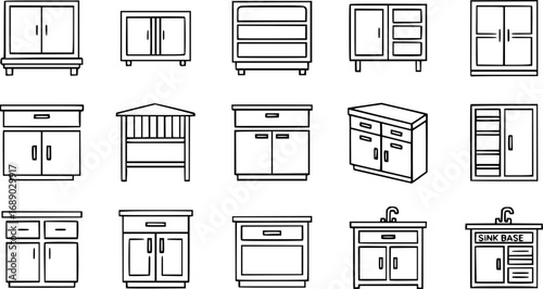 A set of outline vector icons for kitchen cabinets.


