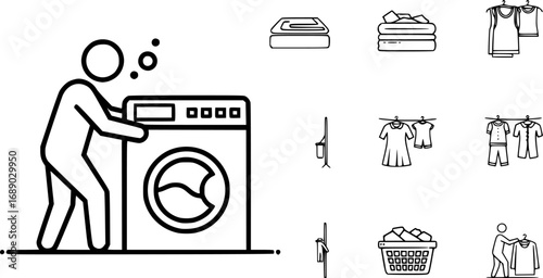 A set of outline vector icons for a person doing laundry with a washing machine.

