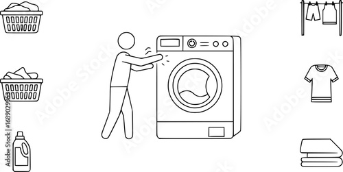 A set of outline vector icons for a person doing laundry with a washing machine.

