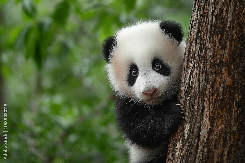 Fototapeta premium Adorable giant panda cub peeking from behind a rough textured tree trunk