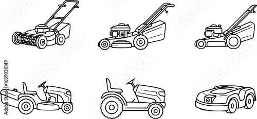 A set of outline vector icons for a lawn mower.

