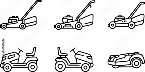 A set of outline vector icons for a lawn mower.

