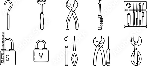 A set of outline vector icons for a set of lock picks.

