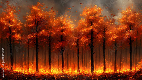 Autumn forest scene. Trees in fiery hues, and a smoky sky