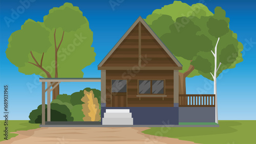 Vector or illustration of a private woods Style house. Background of trees back side of house. Front of house with green grass and dirt road on the ground. Under blue sky.