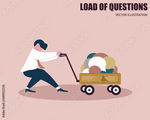 An illustration of a person pulling a wagon full of colorful speech bubbles, symbolizing being overwhelmed or burdened by many questions or conversations.
