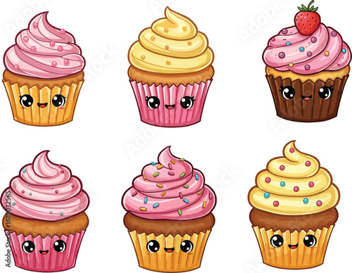 Adorable cupcake characters illustration, cute kawaii dessert vector, sweet bakery cartoon food, happy cupcake design, strawberry vanilla chocolate cupcake art