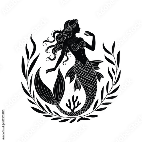 Mermaid Silhouette Illustration with Seaweed Aquatic Creature Mythical Being Design
