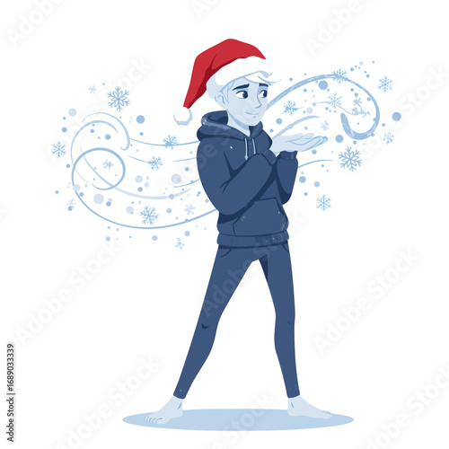 Jack Frost in Santa hat blowing frosty wind with snowflakes, transparent background, isolated, vector  