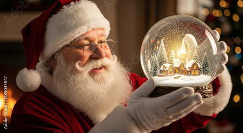 Santa Holding a Magical Snowglobe, Christmas Joy and Anticipation Filling the Cozy Atmosphere