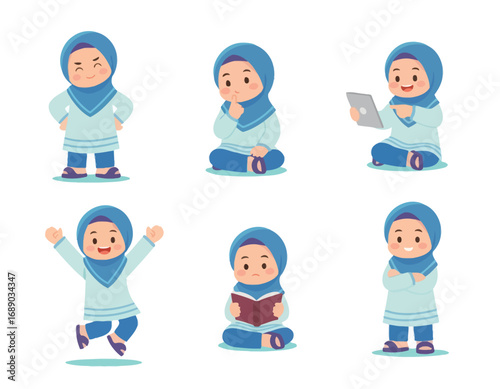 Hand draw flat design muslim kids illustration