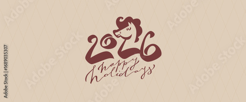 Creative New Year 2026 lettering with one number shaped as a horse. Below is a festive Happy Holidays message on dark green background. Elegant golden vector design for seasonal greetings.