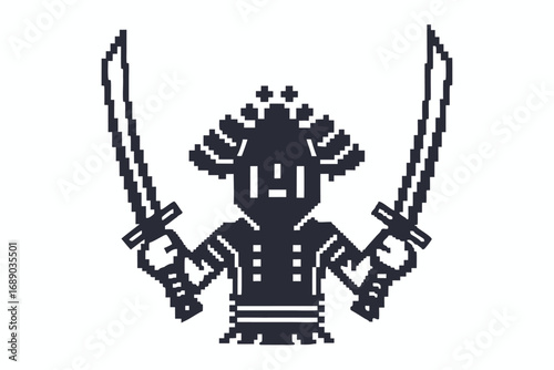Pixel Art Warrior With Swords in on White Background