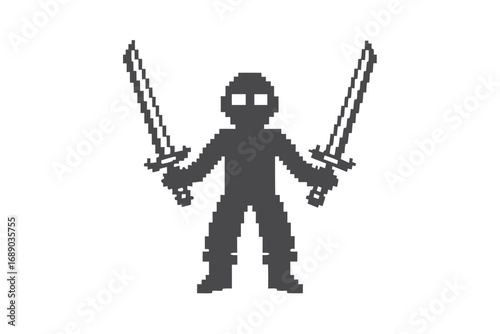 Pixel Ninja Warrior with Swords in Hand, Retro Character on White Background