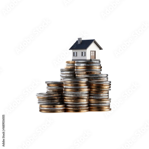 House Model on a Pile of Coins Representing Real Estate Investment and Savings