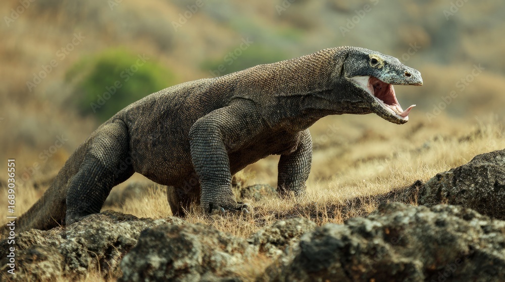 Obraz premium Majestic terrestrial lizard in natural rugged habitat showcasing fierce predator behavior in outdoor wildlife scene with detailed animal portrait